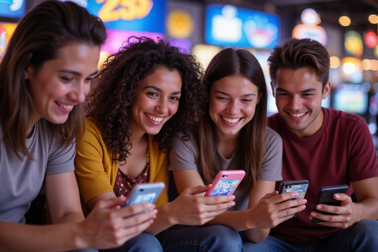 Group of diverse people enjoying social casino games on mobile devices